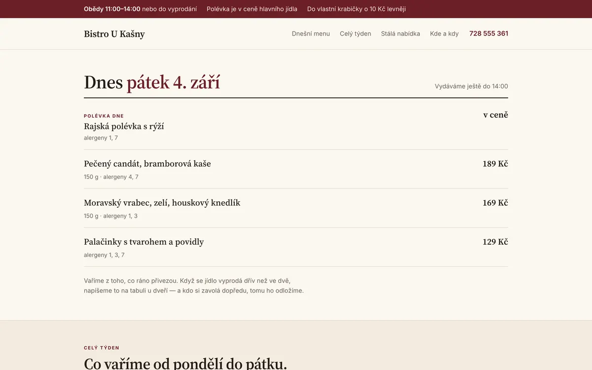 Úvod ukázky bistra: bordó pruh s otevírací dobou a pod ním dnešní menu vysázené patkovým písmem